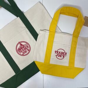 LOT Set of 2 — Trader Joe’s Canvas Tote Bag Full Size GREEN + Mini YELLOW — NWT!